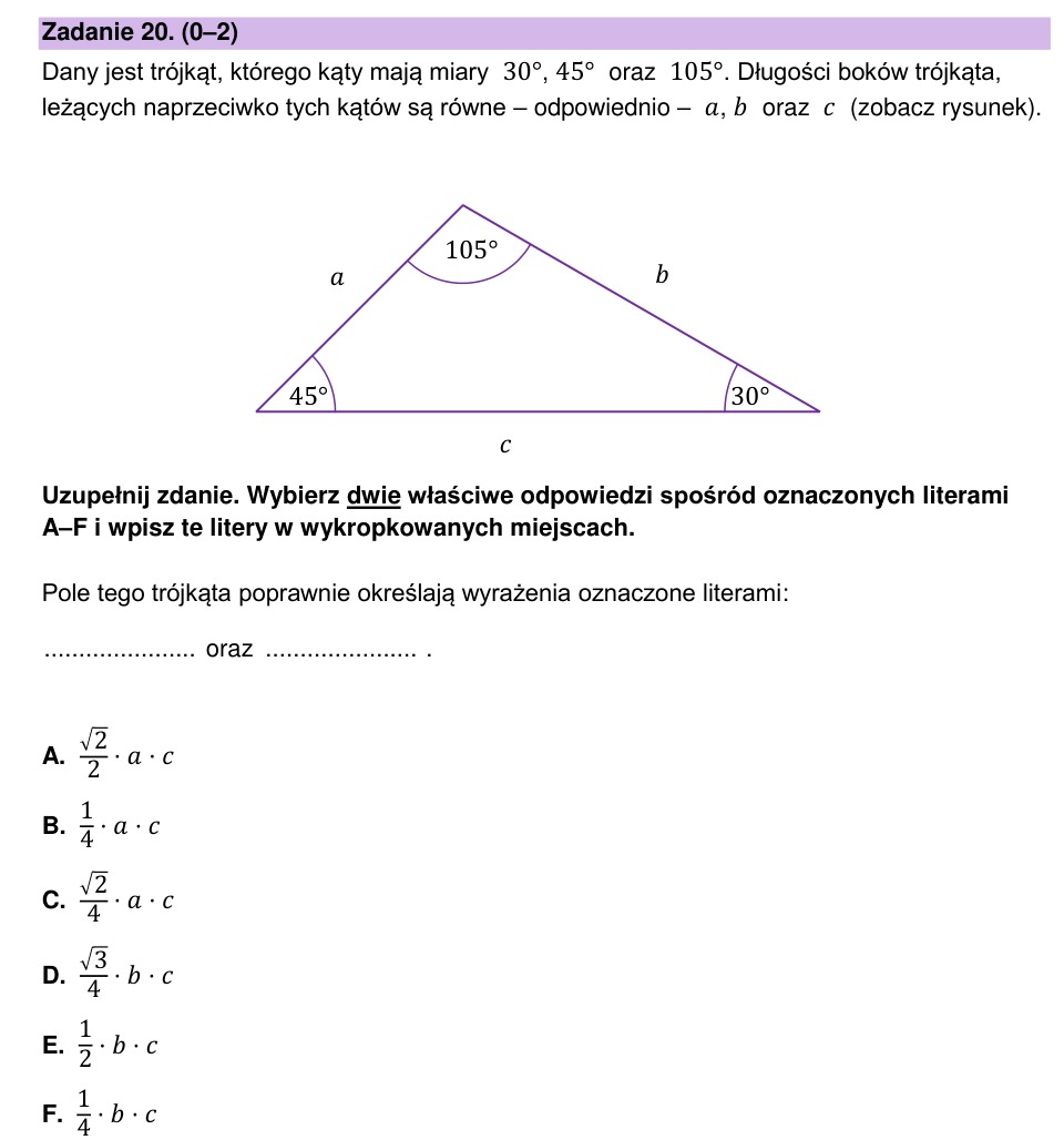 Zadanie 20: Pole trójkąta - matura matematyka 2023