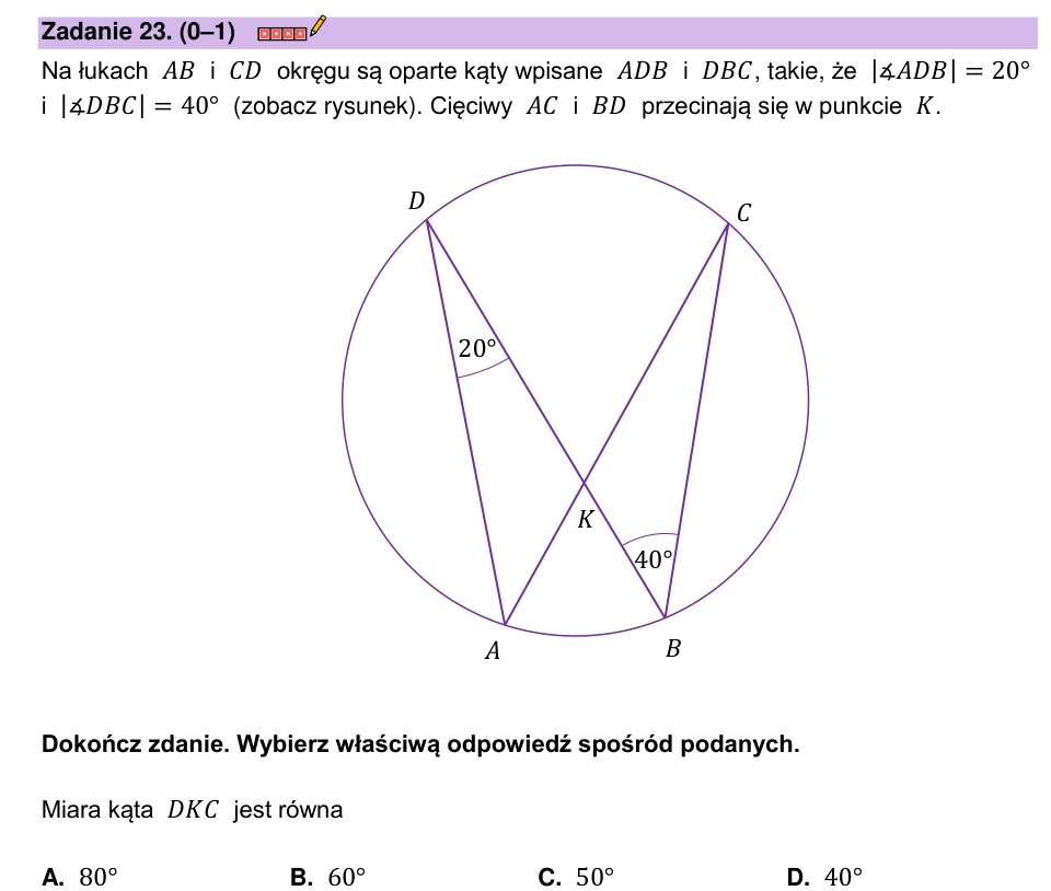 Zadanie 23: Miara kąta wpisanego - matura matematyka 2023