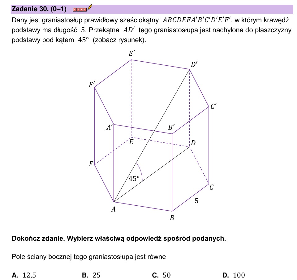 Zadanie 30: Pole ściany bocznej - matura matematyka 2023