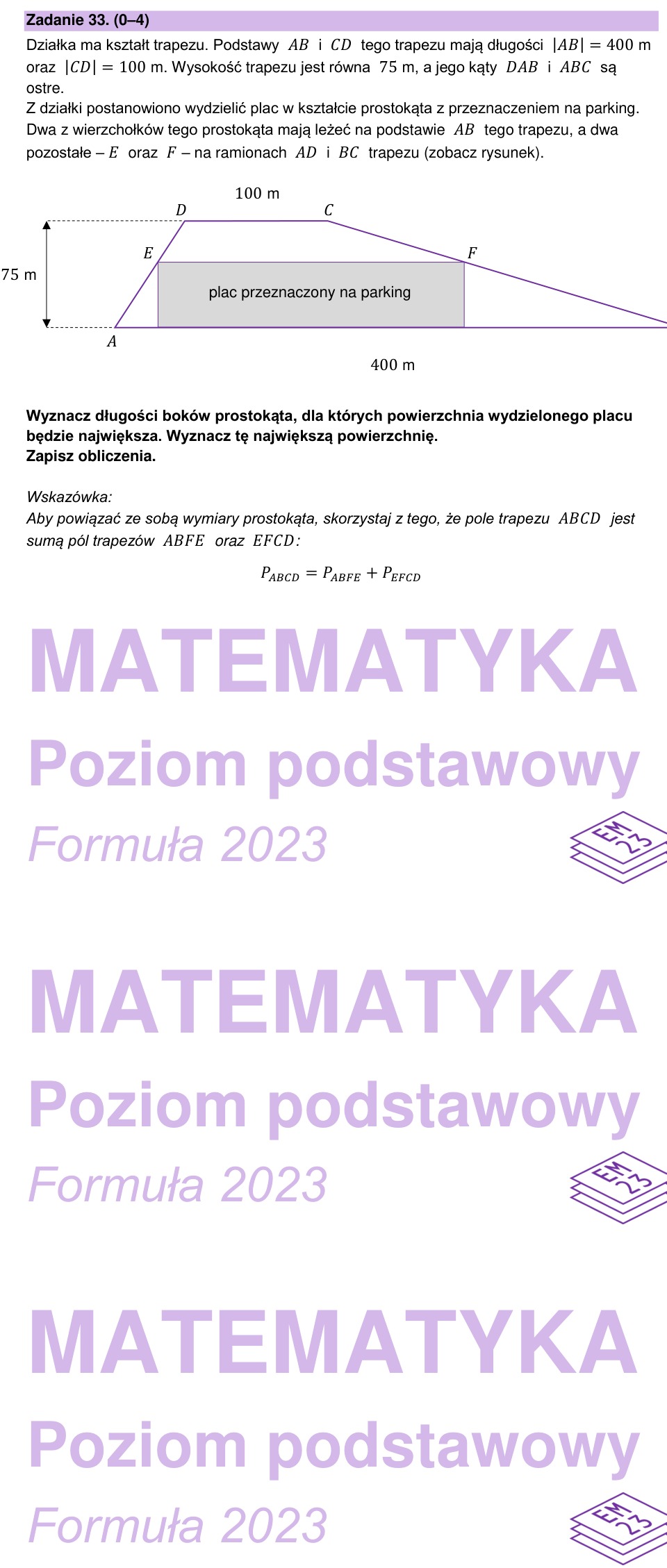 Zadanie 33: Największe pole placu - matura matematyka 2023