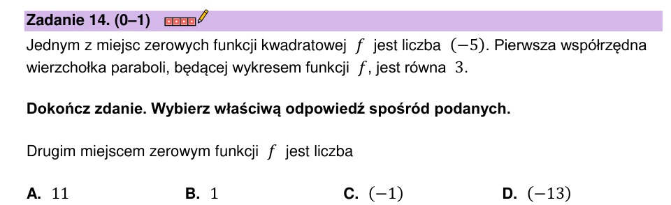 Zadanie 14: Drugie miejsce zerowe - matura matematyka 2023