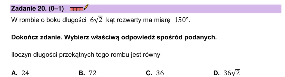 Zadanie 20: Iloczyn przekątnych rombu - matura matematyka 2023