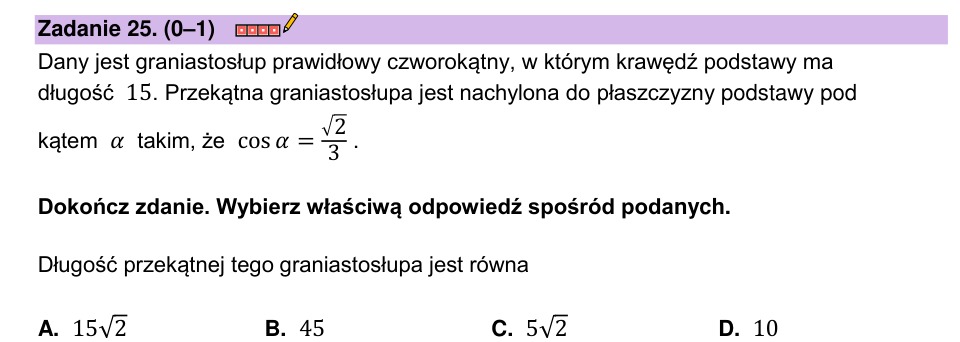 Zadanie 25: Przekątna graniastosłupa - matura matematyka 2023