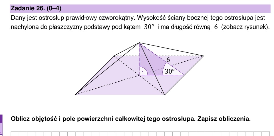 Zadanie 26: Objętość i pole ostrosłupa - matura matematyka 2023