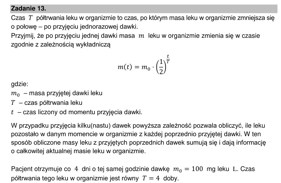 Zadanie 13: Masa leku w organizmie - matura matematyka 2023