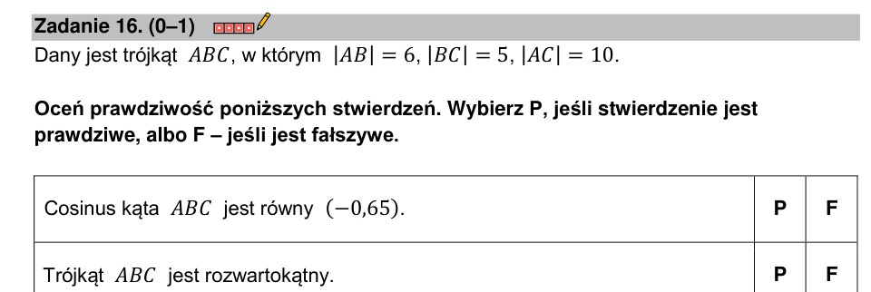 Zadanie 16: Cosinus kąta w trójkącie - matura matematyka 2023