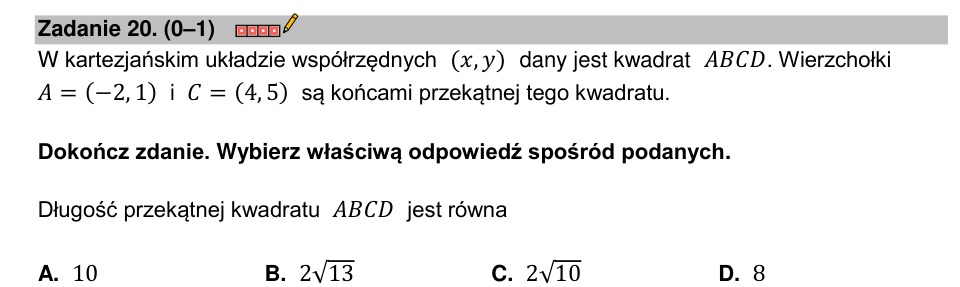 Zadanie 20: Długość przekątnej kwadratu - matura matematyka 2023