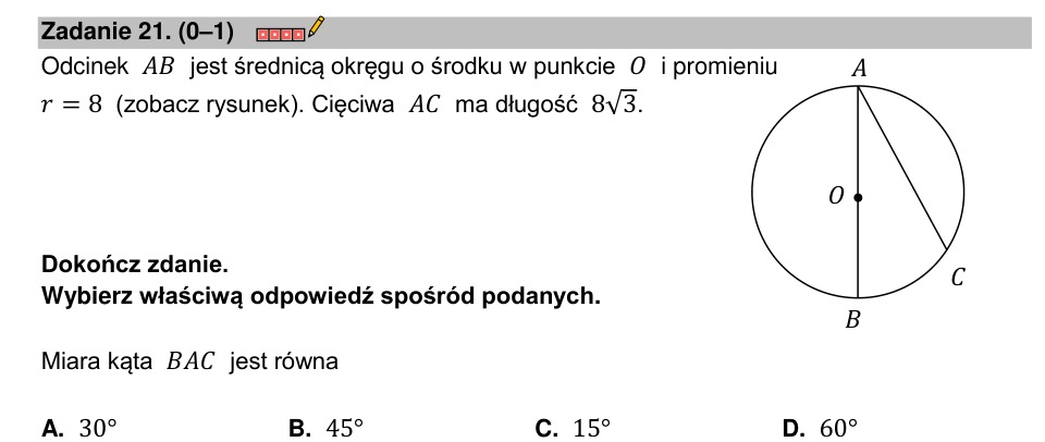 Zadanie 21: Miara kąta BAC - matura matematyka 2023