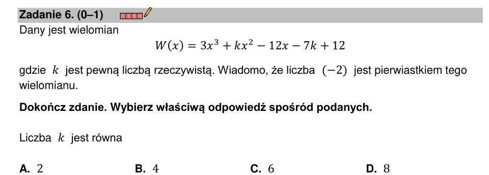 Zadanie 6: Pierwiastek wielomianu - matura matematyka 2023