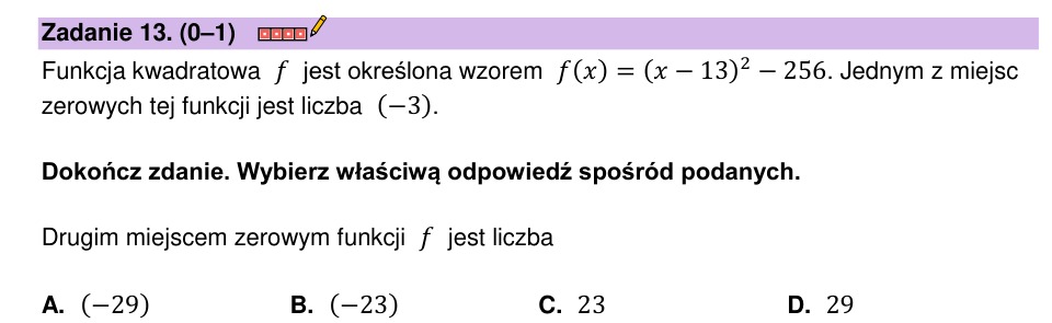 Zadanie 13: Drugie miejsce zerowe - matura matematyka 2023