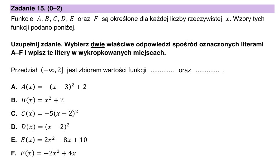 Zadanie 15: Zbiór wartości funkcji - matura matematyka 2023