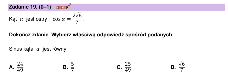 Zadanie 19: Sinus kąta ostrego - matura matematyka 2023