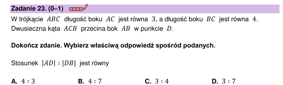 Zadanie 23: Stosunek odcinków dwusiecznej - matura matematyka 2023