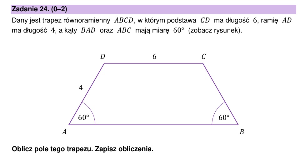 Zadanie 24: Pole trapezu równoramiennego - matura matematyka 2023