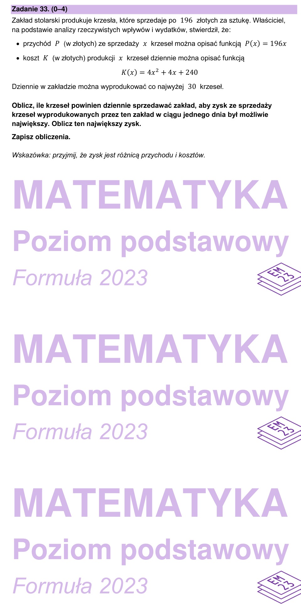 Zadanie 33: Największy dzienny zysk - matura matematyka 2023