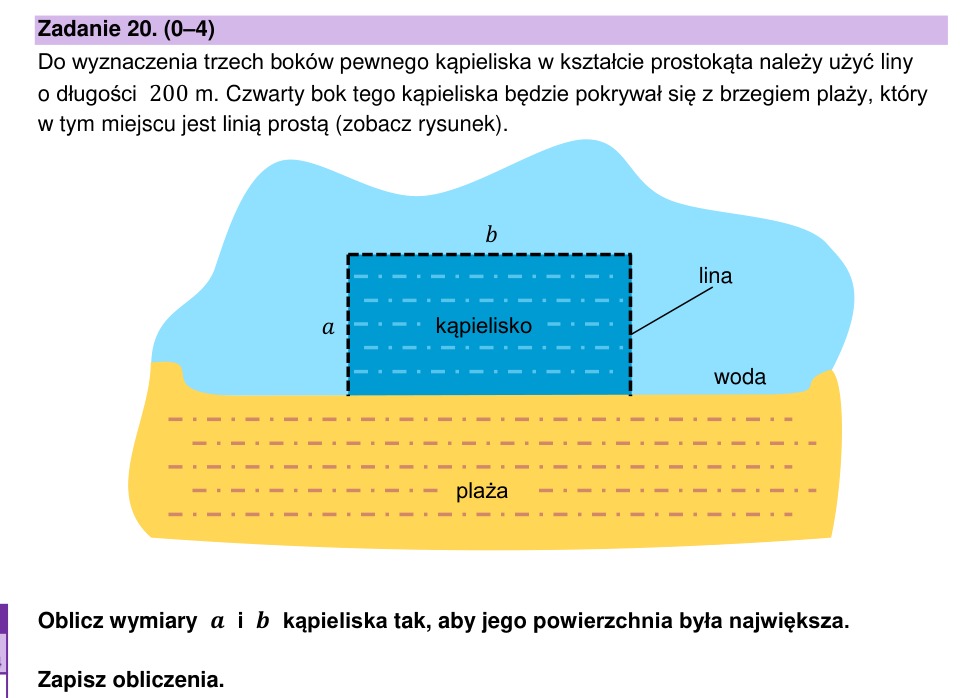 Zadanie 20: Największe pole kąpieliska - matura matematyka 2023