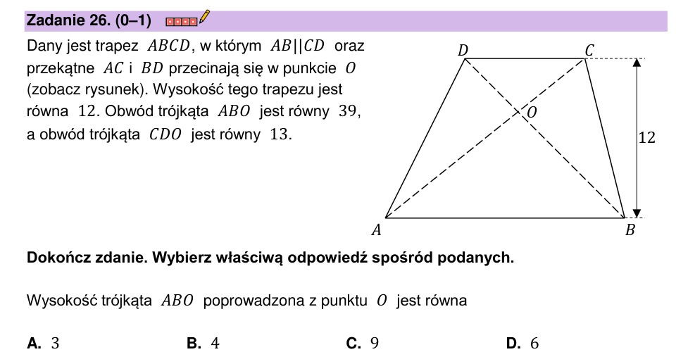 Zadanie 26: Wysokość trójkąta w trapezie - matura matematyka 2023