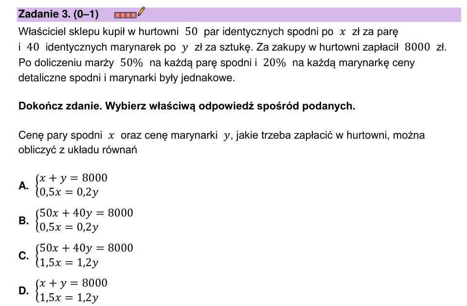 Zadanie 3: Układ równań cen - matura matematyka 2023
