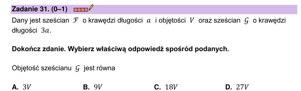 Zadanie 31: Objętość większego sześcianu - matura matematyka 2023