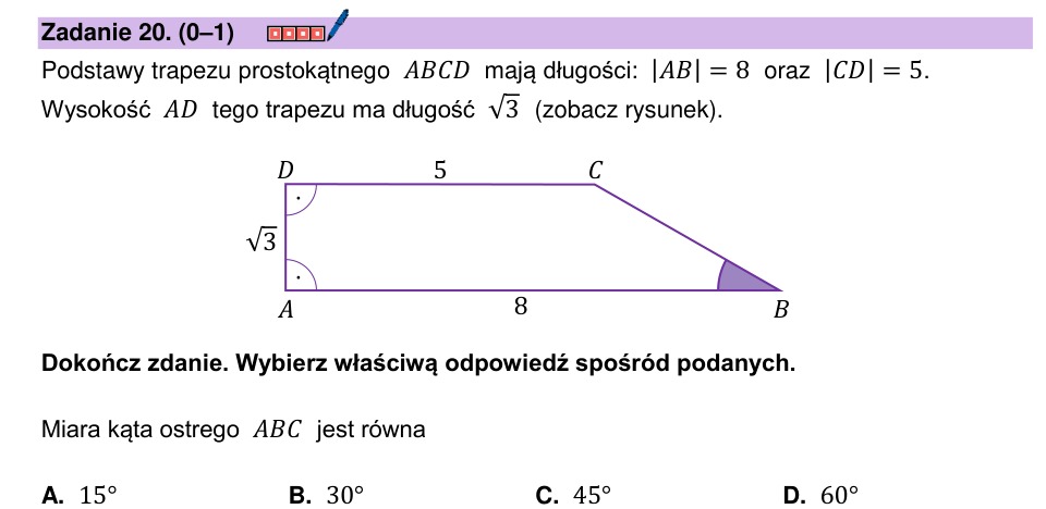 Zadanie 20: Kąt ostry trapezu - matura matematyka 2024