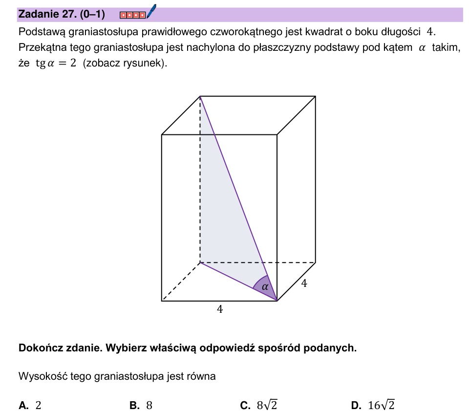 Zadanie 27: Wysokość graniastosłupa - matura matematyka 2024