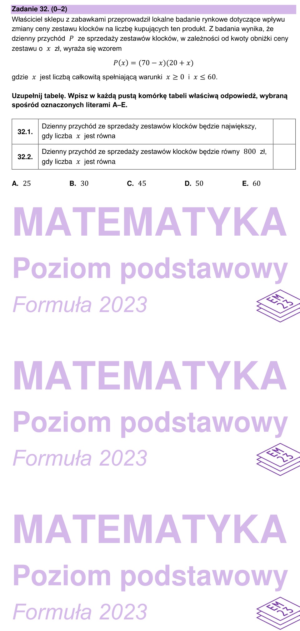 Zadanie 32: Przychód ze sprzedaży klocków - matura matematyka 2024
