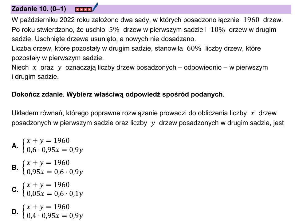 Zadanie 10: Układ równań sadów - matura matematyka 2024