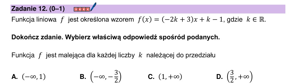 Zadanie 12: Funkcja liniowa malejąca - matura matematyka 2024