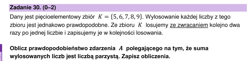 Zadanie 30: Prawdopodobieństwo sumy parzystej - matura matematyka 2024