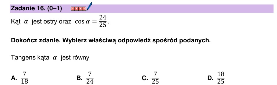 Zadanie 16: Tangens kąta ostrego - matura matematyka 2024