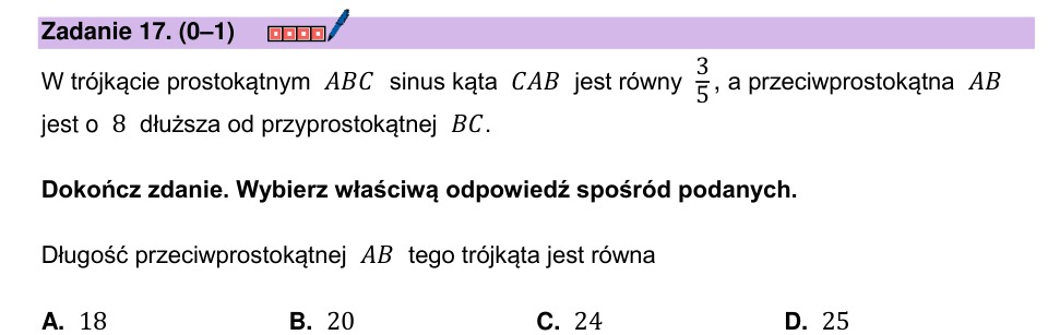 Zadanie 17: Długość przeciwprostokątnej - matura matematyka 2024
