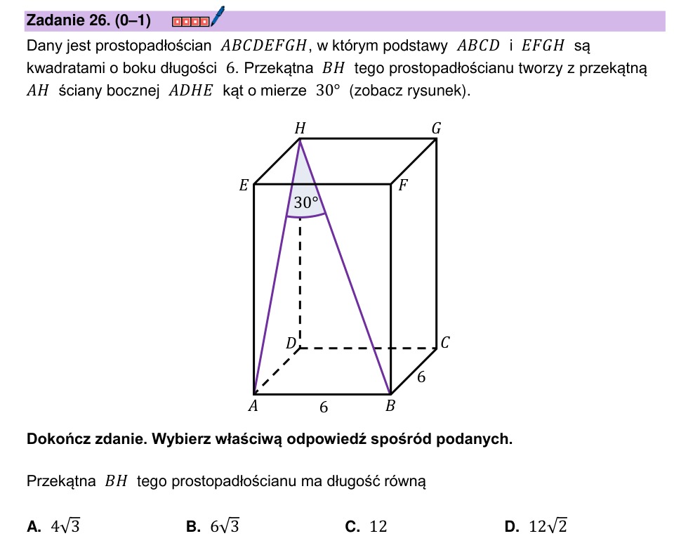 Zadanie 26: Przekątna prostopadłościanu - matura matematyka 2024