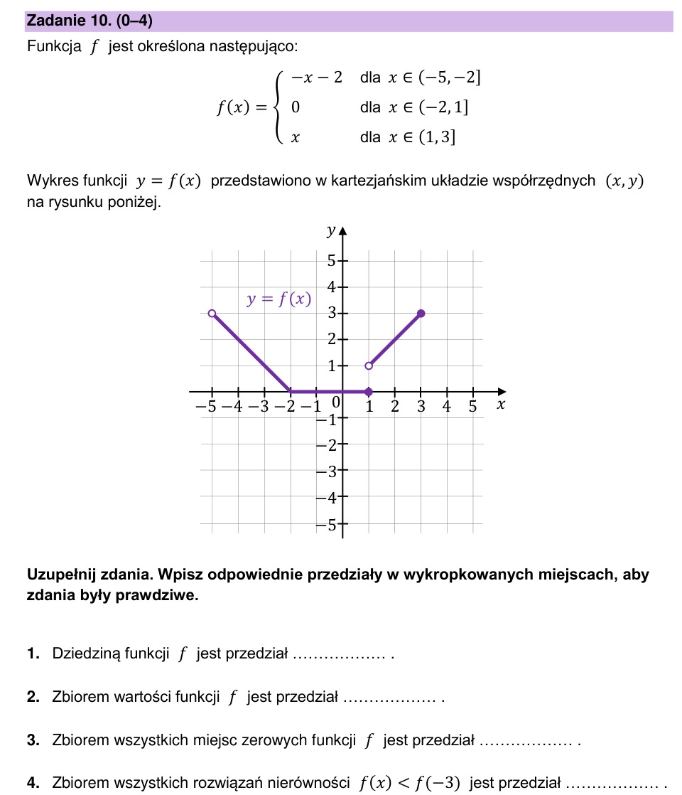 Zadanie 10: Własności funkcji przedziałami - matura matematyka 2025