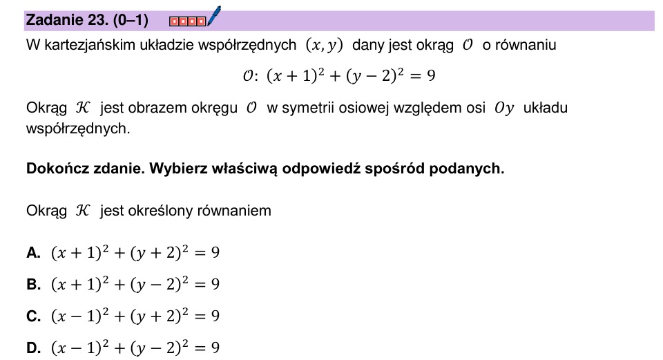 Zadanie 23: Symetria okręgu względem osi - matura matematyka 2025