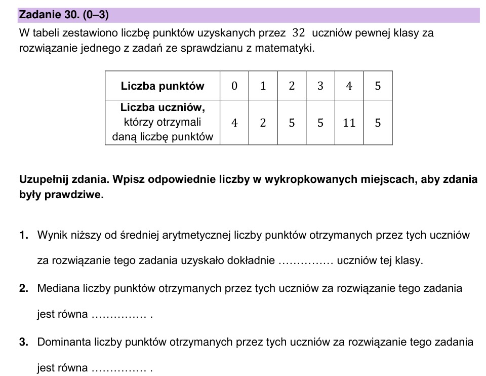 Zadanie 30: Średnia mediana i dominanta - matura matematyka 2025