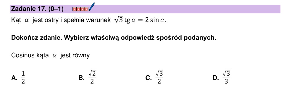 Zadanie 17: Cosinus kąta ostrego - matura matematyka 2025