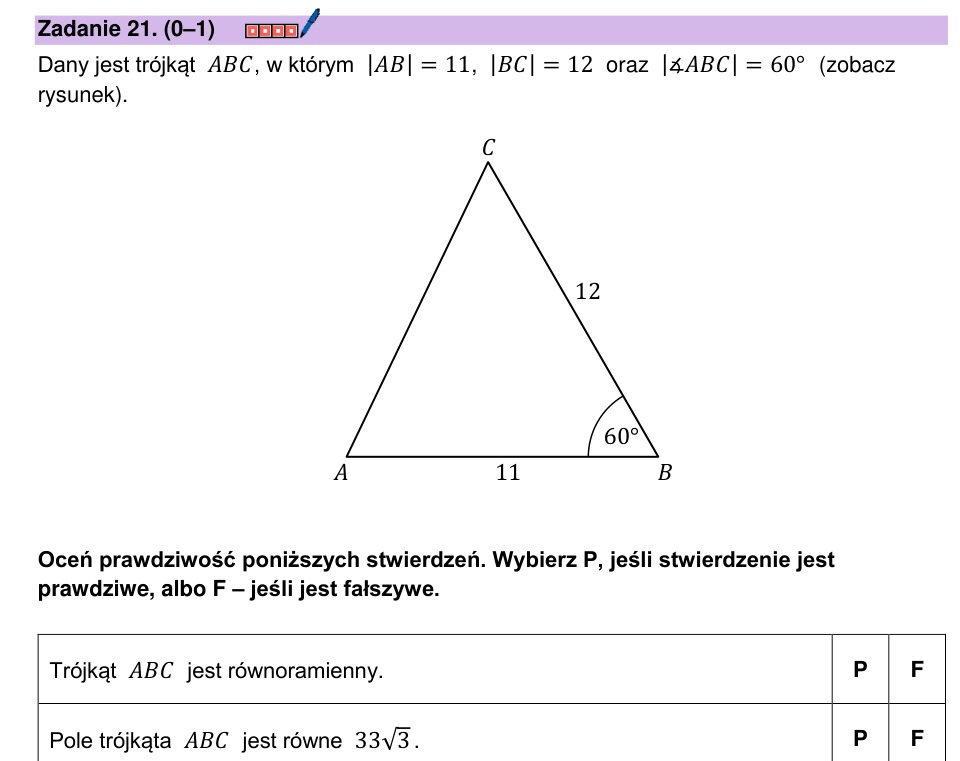 Zadanie 21: Trójkąt równoramienny i pole - matura matematyka 2025