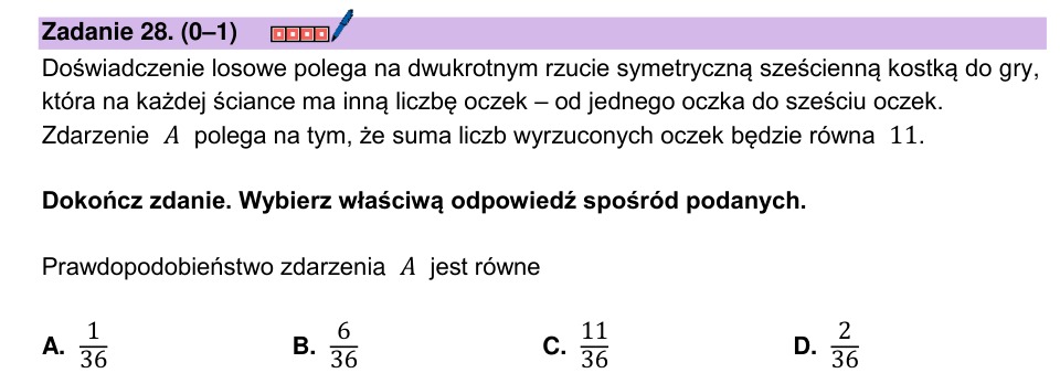 Zadanie 28: Prawdopodobieństwo sumy oczek - matura matematyka 2025