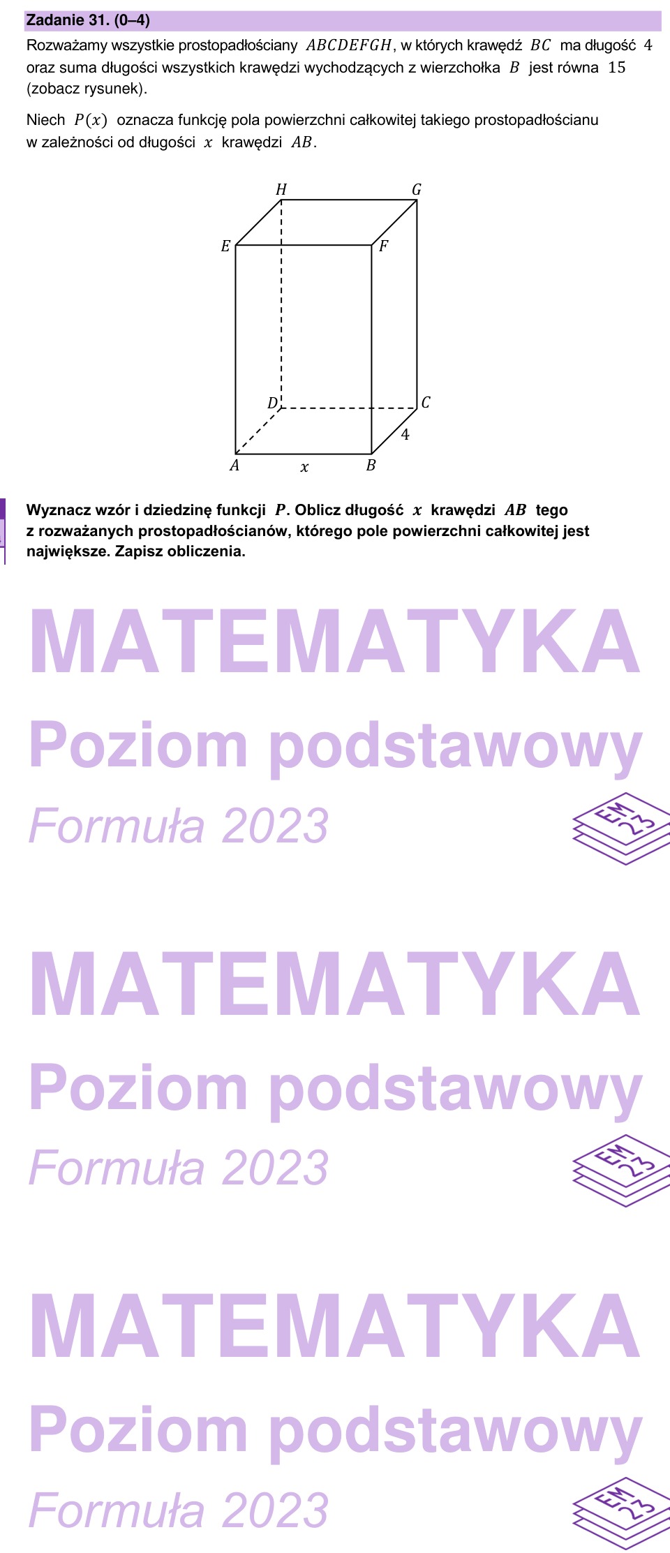 Zadanie 31: Największe pole prostopadłościanu - matura matematyka 2025