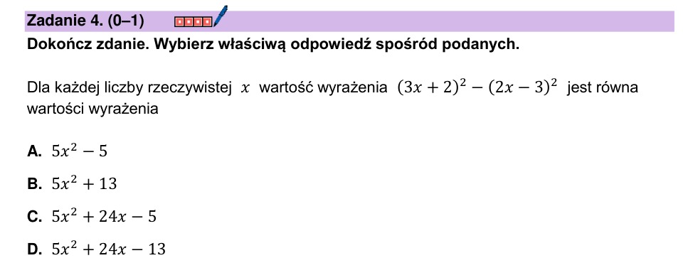 Zadanie 4: Różnica kwadratów dwumianów - matura matematyka 2025