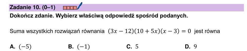 Zadanie 10: Suma pierwiastków równania - matura matematyka 2025