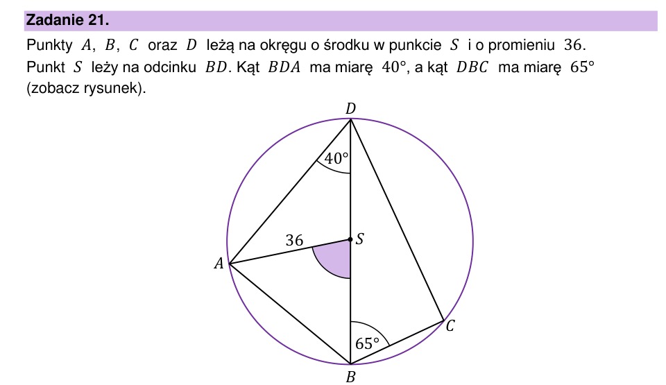 Zadanie 21: Kąty wpisane i środkowe - matura matematyka 2025