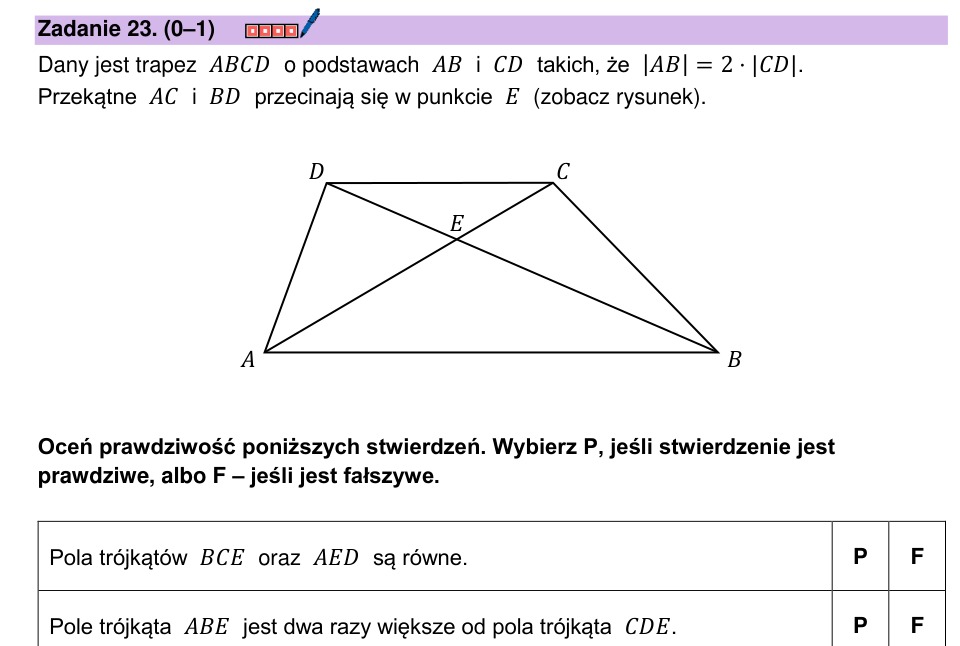 Zadanie 23: Pola trójkątów w trapezie - matura matematyka 2025