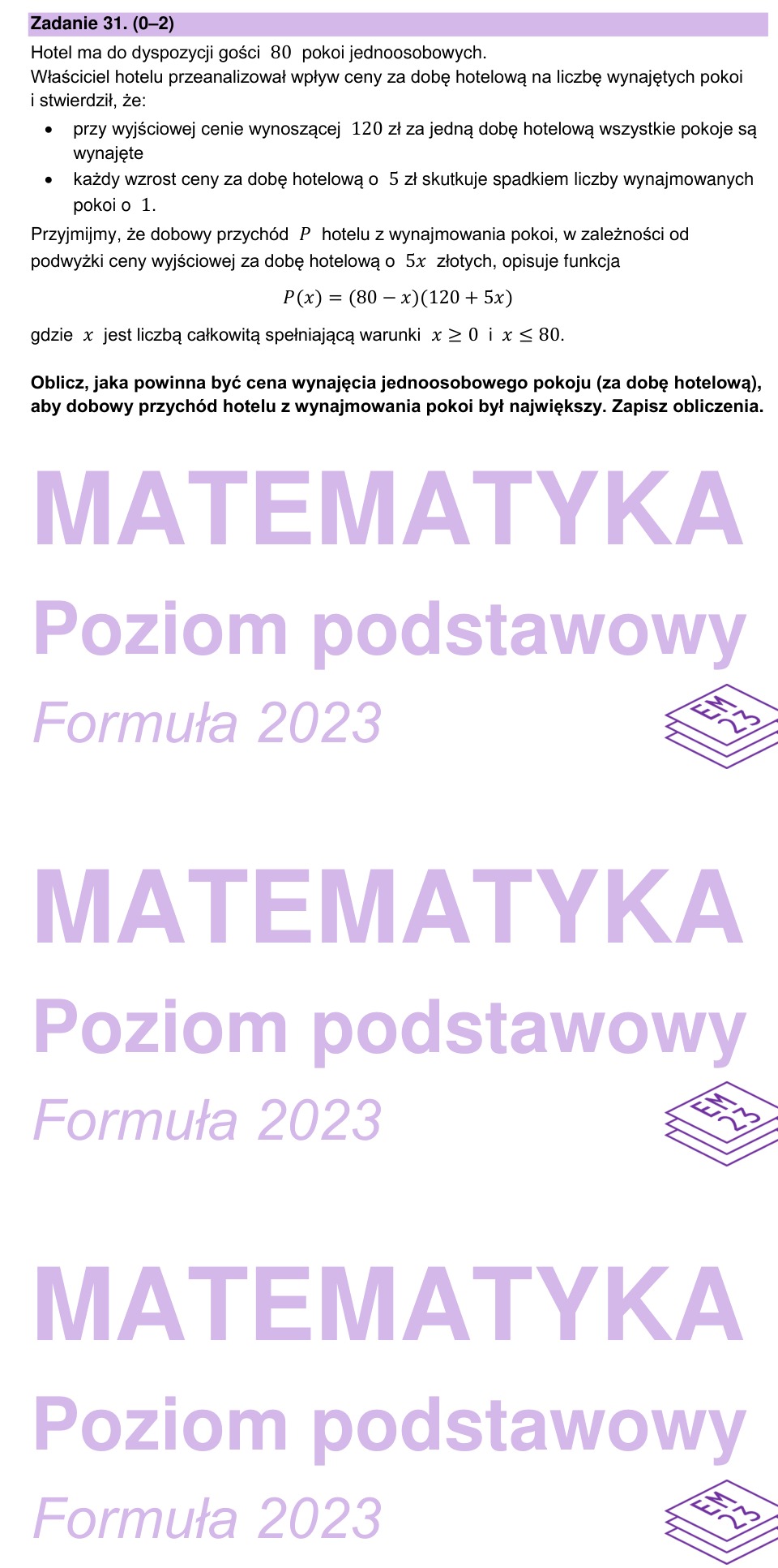 Zadanie 31: Największy przychód hotelu - matura matematyka 2025