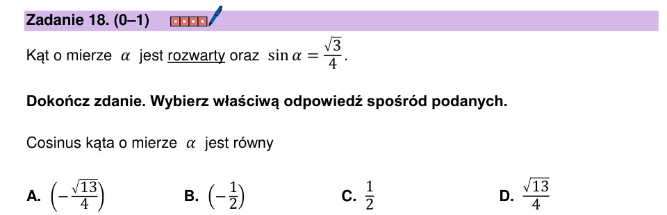Zadanie 18: Cosinus kąta rozwartego - matura matematyka 2025