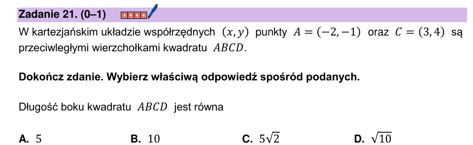 Zadanie 21: Bok kwadratu na przekątnej - matura matematyka 2025