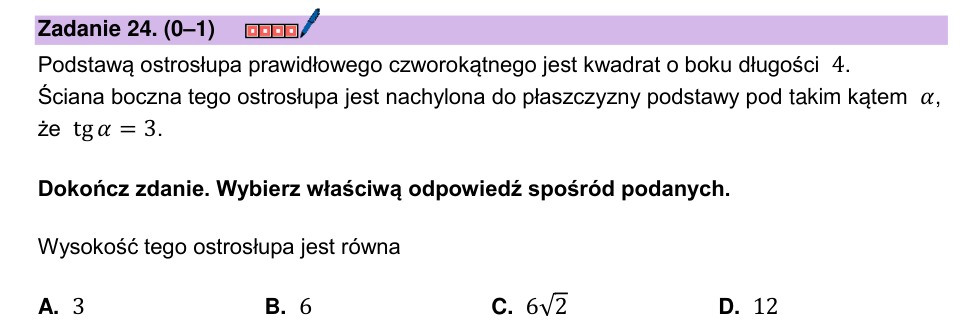 Zadanie 24: Wysokość ostrosłupa prawidłowego - matura matematyka 2025