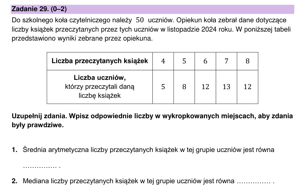 Zadanie 29: Średnia i mediana - matura matematyka 2025