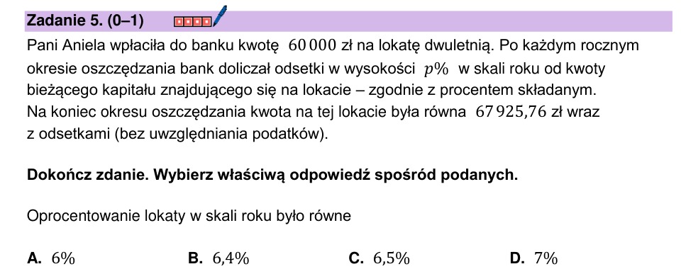 Zadanie 5: Oprocentowanie lokaty dwuletniej - matura matematyka 2025