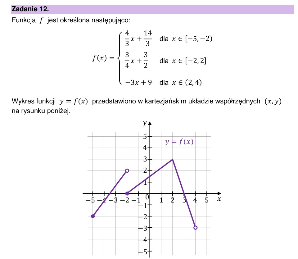 Zadanie 12: Funkcja określona przedziałami - matura matematyka 2026
